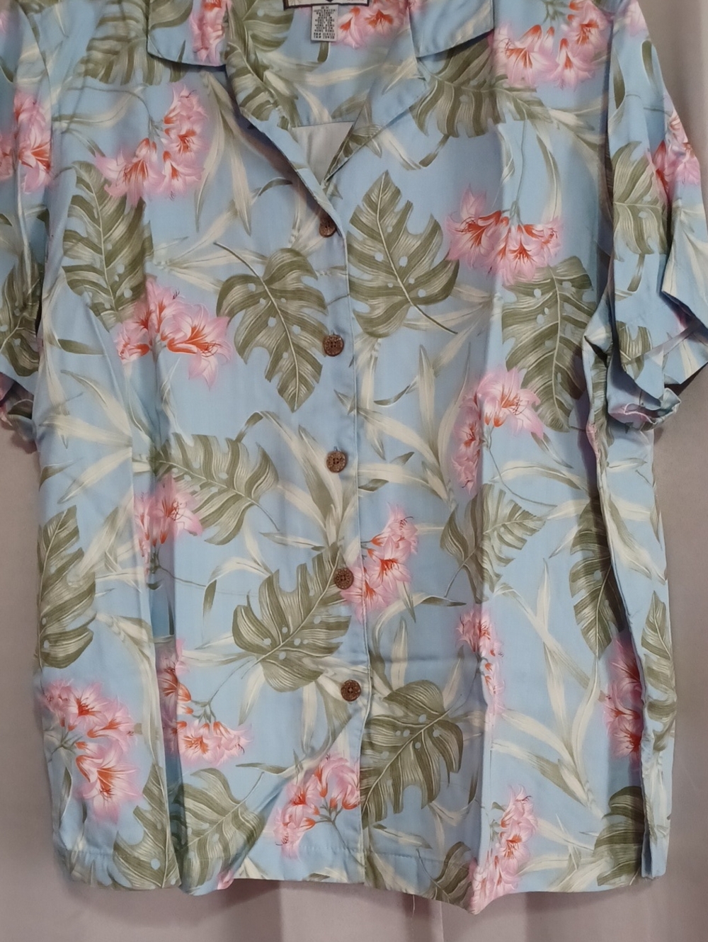 Vintage Caribbean Joe Women's Plus 2X Tropical Hawaiian Shirt Pastel Blue Pink - Picture 6 of 14